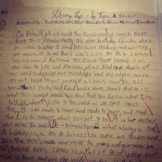 "Library Rap" lyrics handwritten by Tupac