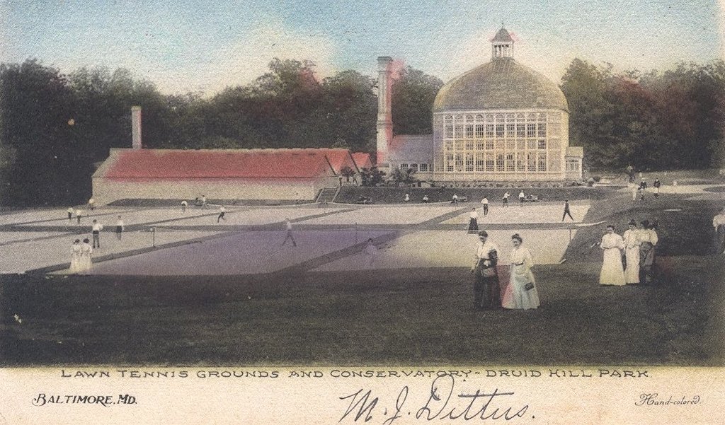 Postcard of the “Whites Only” clay courts and the Rawlings Conservatory in Druid Hill Park