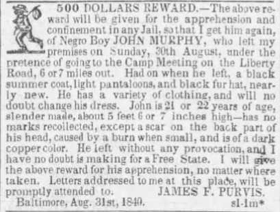 Purvis Reward Advertisement for freedom seeker John Murphy