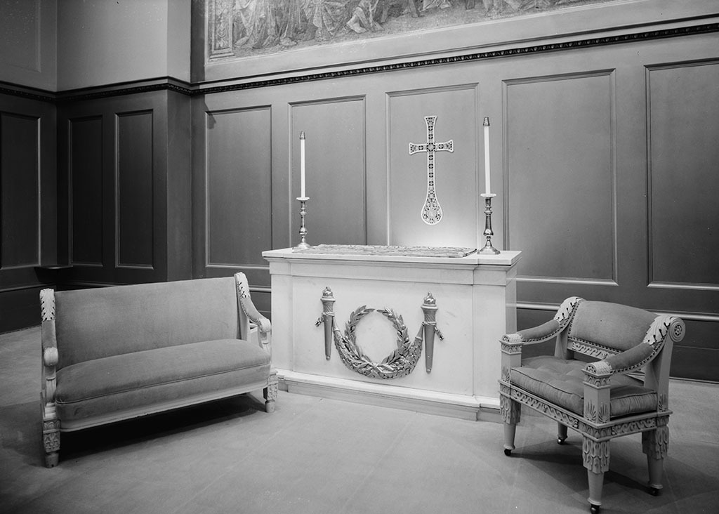 Original altar and church furniture, First Unitarian Church