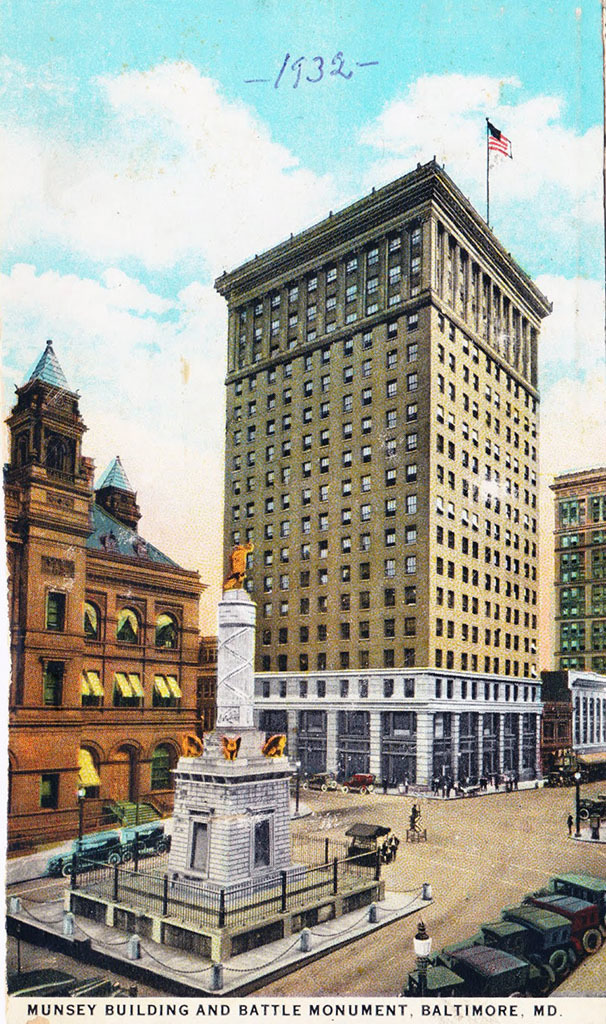 Postcard view of the Munsey Building and the Battle Monument