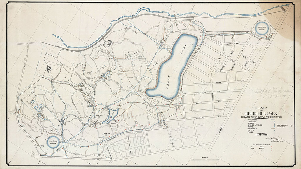 Map of Druid Hill Park showing water supply and drain pipes