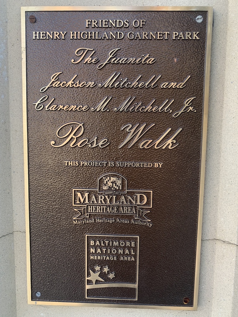 The Juanita Jackson Mitchell and Clarence M. Mitchell Jr. Rose Walk plaque by the Maryland Heritage Area Authority and the Baltimore National Heritage Area