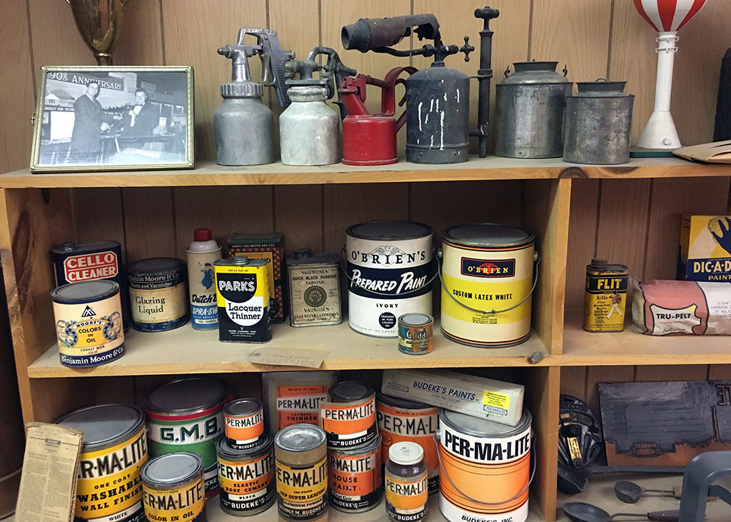 Shelf of vintage products, Budeke's Paint