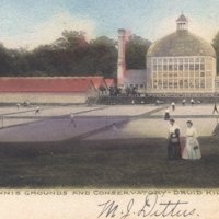 Postcard of the “Whites Only” clay courts and the Rawlings Conservatory in Druid Hill Park