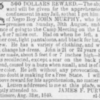 Purvis Reward Advertisement for freedom seeker John Murphy