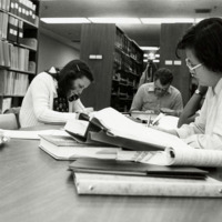 Students working at a table in the library