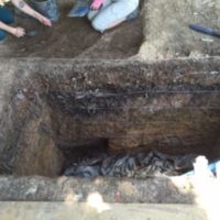 A pit dug during archaeological survey at the old Laurel Cemetery site.